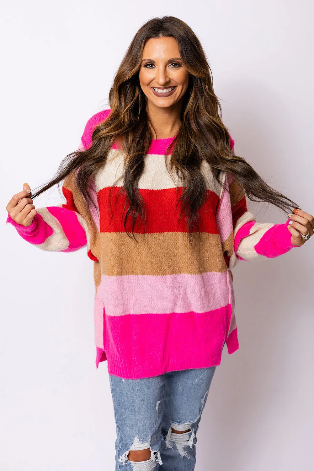 Women's Multicolor Stripes Dolman Sleeve Sweater