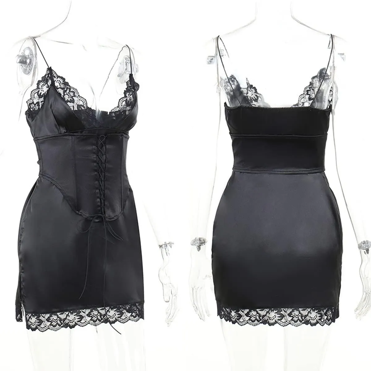 Women's V-Neck Lace Trim Sleeveless Split Hem Bodycon Mini Dress Lace-up Club Party Dress