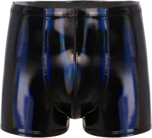 YiZYiF Men's PVC Leather Swim Trunk Boxer Briefs Colorblock Shorts Gay Stage Clubwear Underwear