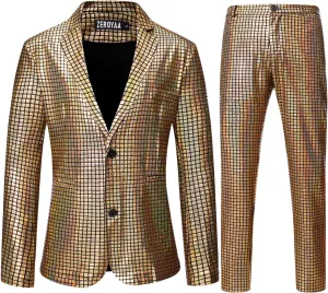 ZEROYAA Men's Metallic Shiny Suits Disco Sequin Blazer and Pants 2 Piece Sets for Party Prom