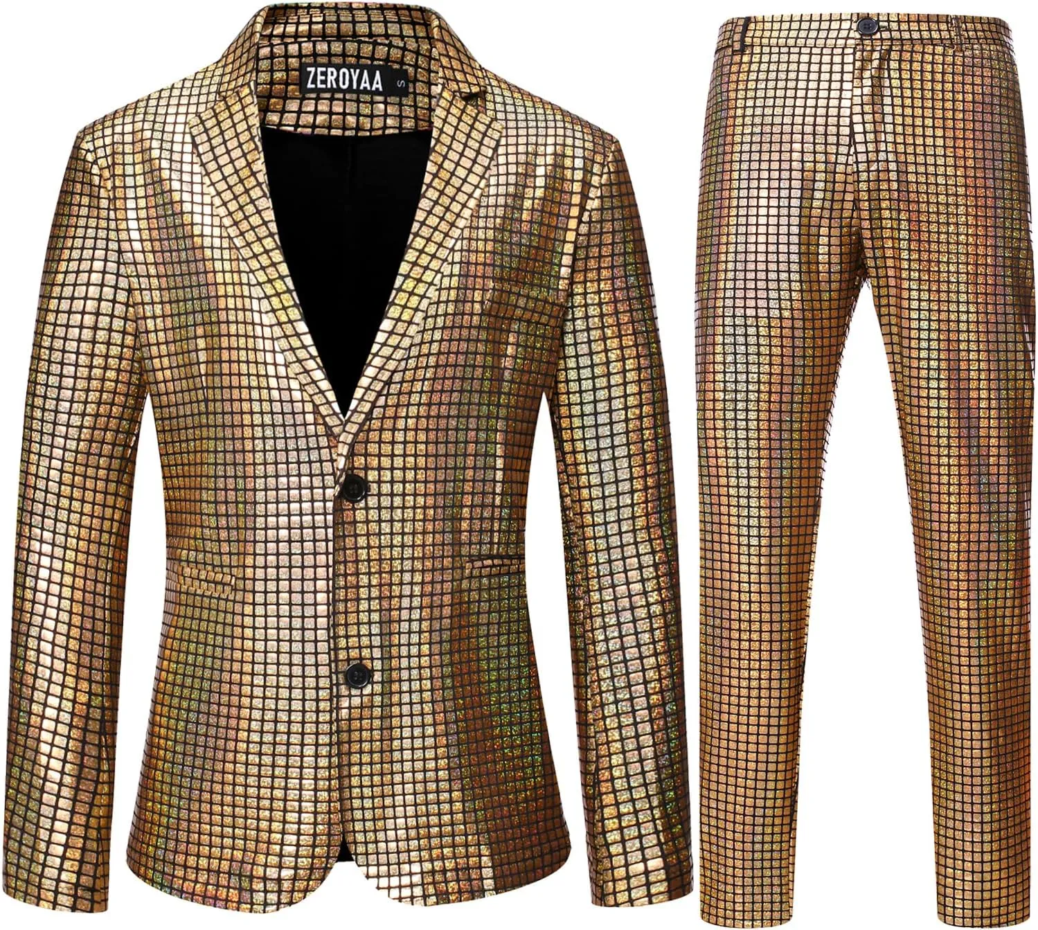 ZEROYAA Men's Metallic Shiny Suits Disco Sequin Blazer and Pants 2 Piece Sets for Party Prom